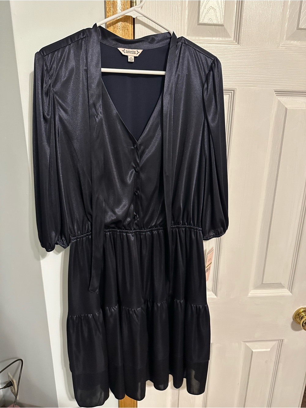 Nanette Lepore Black Satin V-Neck Tiered Midi Dress